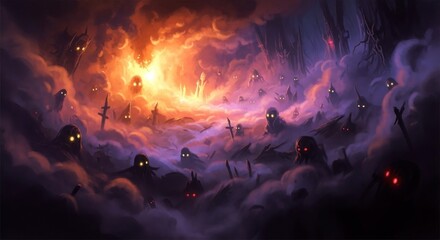 Eerie figures with glowing eyes emerge from a smoky ethereal realm