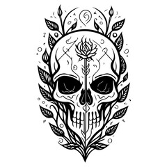 Stylized skull artwork featuring botanical elements and intricate linework creating a captivating