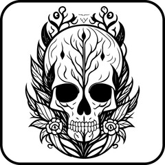 Stylized skull illustration adorned with floral and botanical elements a unique artistic creation