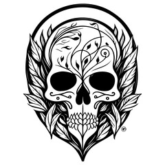 Stylized skull illustration adorned with foliage creating intricate contrast, representing life