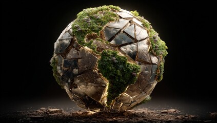 A fractured globe, adorned with greenery, rests on a dark earth