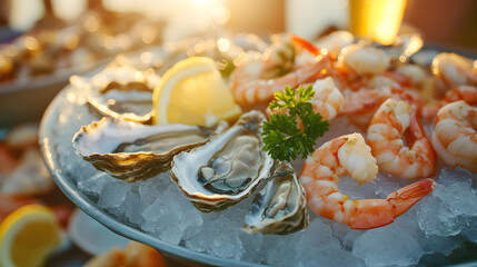 Luxury seafood buffet with fresh oysters on ice 