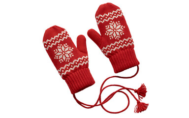 Red knitted mittens isolated on white isolated on transparent background