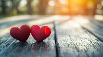 Fototapeta premium Two red heart-shaped objects on a wooden surface with a blurred background.