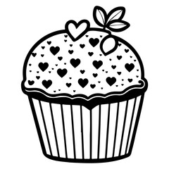 Stylized sweet cupcake adorned with heart shapes and botanical elements suitable for celebration