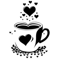 Stylized vector graphic of a coffee mug adorned with heart shapes creating a delightful, lovely
