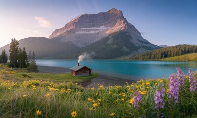 Tranquil mountain lake cabin at dawn. Lush wildflowers surround a small wooden cabin on a serene lake shore, with a majestic mountain rising in the background