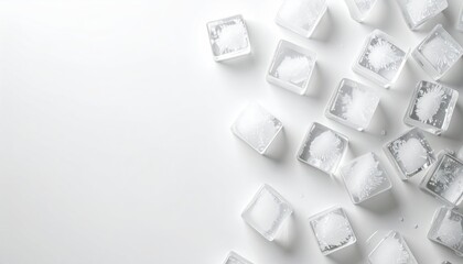 High-angle shot of translucent, melt ice cubes scattered on a bright white surface, creating a clean, refreshing, and minimalist composition