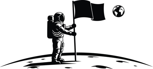 The astronaut plants a flag on the moon, symbolizing space exploration, scientific achievement, and human ambition