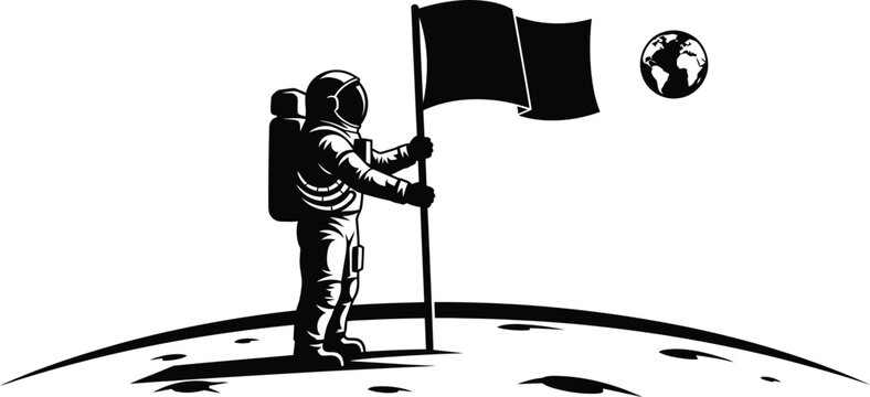The astronaut plants a flag on the moon, symbolizing space exploration, scientific achievement, and human ambition