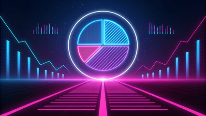 Naklejka premium Neon Data Visualization: Pie Chart and Bar Graphs in Retro Futurism Style