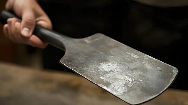Hand holding a metal tool with a dark handle and a gray, textured blade