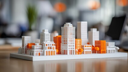 3D model of a city skyline.  Small buildings