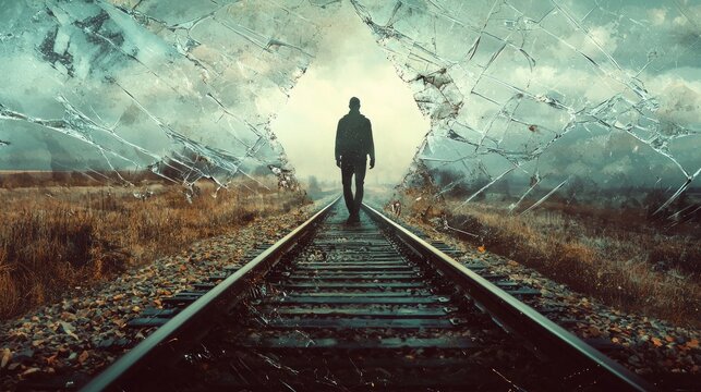 A man walking on a train track with a broken glass effect in the background.