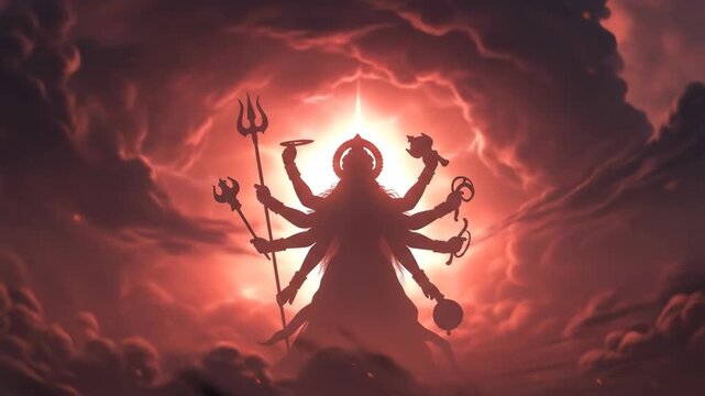 Powerful silhouette of maa durga radiating divine energy amidst a celestial crimson sky embodying strength and protection for navratri puja