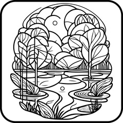 Tranquil river scene with stylized trees and sky creates a peaceful zen coloring book illustration