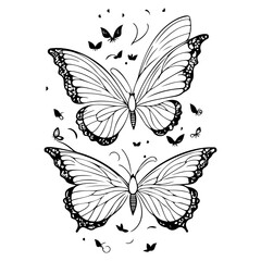 Two delightful butterflies amidst a flutter of smaller counterparts artfully crafted in monochrome