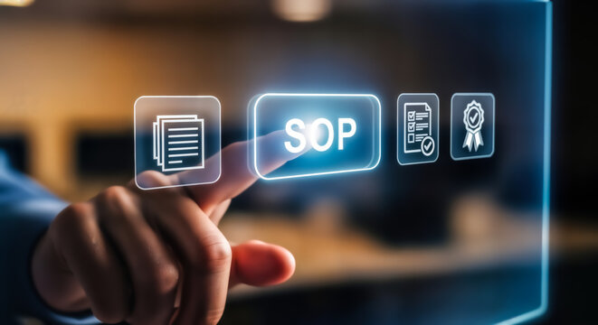 Hand pressing a glowing button with the text sop, representing standard operating procedures, with icons for documents, compliance, and quality assurance in a futuristic digital interface
