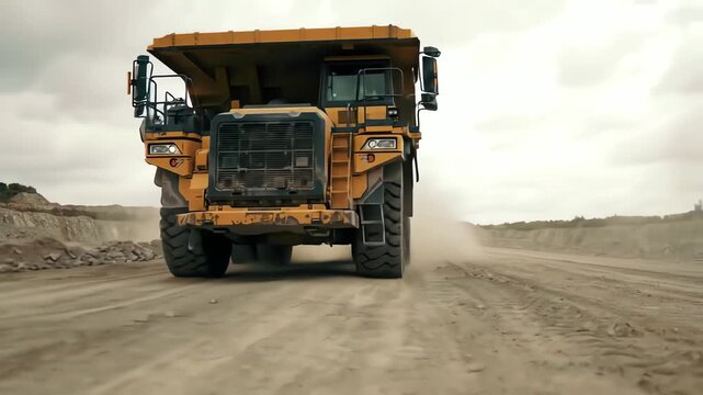 Industrial scene of a massive yellow dumper truck moving through a dusty open pit mine