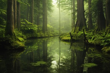 Obraz premium Tranquil forest scene, showcasing a serene, reflective pool nestled amidst towering trees, bathed in soft, diffused light.