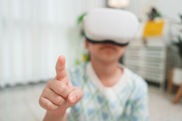 Girl Interacting with Virtual Reality by Touch Gesture