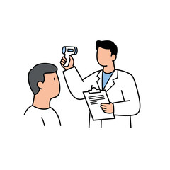 Doctor checking patients temperature with digital thermometer holding clipboard.