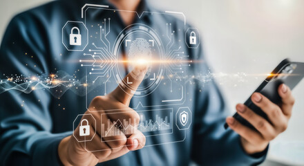 Man using smartphone with futuristic digital interface showing biometric fingerprint scan and security icons, representing cyber security and data protection technology