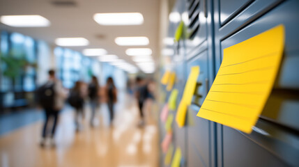 A 9 year old organizes a locker before class in a busy school hallway with slamming doors notes taped inside and friends swapping stories nearby illustrated in a organized photo
