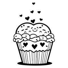 Whimsical cupcake illustration featuring hearts floating above and decorating the wrapper, a