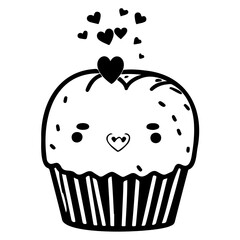 Whimsical cupcake illustration surrounded by floating hearts creating a playful sweet treat design