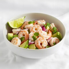 Fresh shrimp ceviche with avocado and lime in a bowl