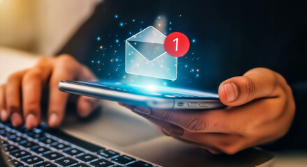 A person holding a smartphone with a glowing email icon and notification bubble above it, symbolizing new messages and digital communication, while typing on a laptop