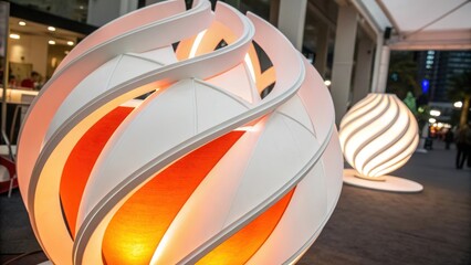 Modern decorative spherical lamps with orange glow and swirling white design displayed outdoors for an art exhibition showing