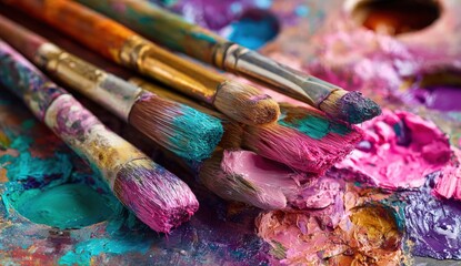 Artistic paintbrushes on a vibrant palette