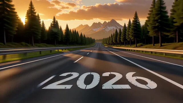 Open Highway with 2026 Text and Mountain Landscape at Sunset 
