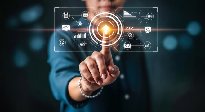Person touching a futuristic holographic interface with glowing data and charts, representing technology and innovation
