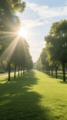 Obraz premium Sunlight filtering through trees in a serene park pathway