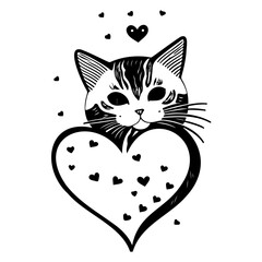 Whimsical feline illustration featuring a delightful cat cradled within a heart adorned with