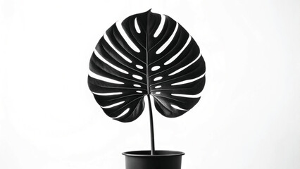 Black monstera leaf in black pot on white background