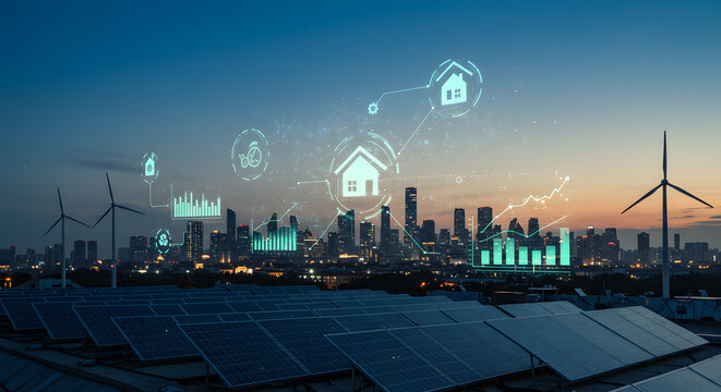 Smart Eco-City of the Future: A Futuristic Digital Art Render of a Dusk Cityscape with Rooftop Solar Arrays, Distant Wind Turbines, and Holographic Energy Data Charts with Sustainability Icons in a Bl
