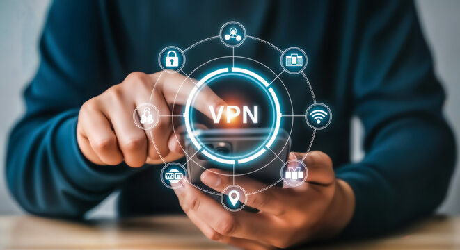 Person touching a virtual reality interface displaying the word vpn surrounded by icons representing security, data, and connectivity, symbolizing online privacy and network protection