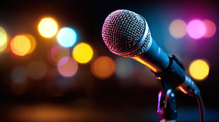 Microphone poised on stage, vibrant bokeh lights dance in the backdrop, creating an atmosphere of performance. Ready for music, speech, or spoken word.