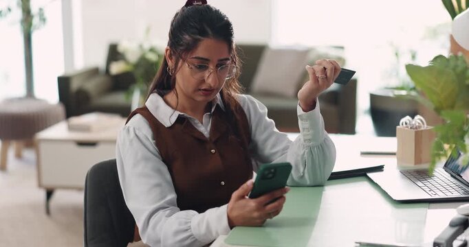 Woman, phone and confused with payment, credit card and transaction or banking in office. Fintech, smartphone and person for online shopping, internet sales mistake or issue for digital finance app