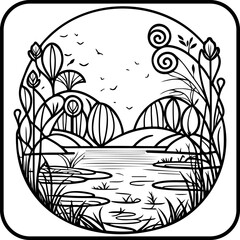 Whimsical nature scene featuring a stylized lake plants and rolling hills depicted in a bold line