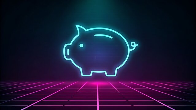 Neon Piggy Bank Icon on a Retro Grid Background with Purple and Teal Lighting