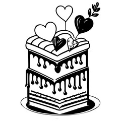 Whimsical two tiered cake design adorned with stylized hearts and dripping chocolate for a
