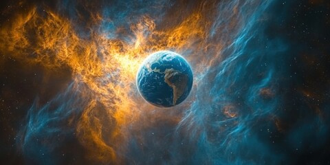 A vibrant nebula surrounds a planet, bathed in celestial light and swirling colors.