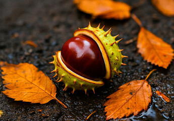 Close-up of a shiny brown chestnut partially opened in a green spiky husk, lying on wet ground with orange autumn leaves around. Natural seasonal still life symbolizing fall, harvest and nature.