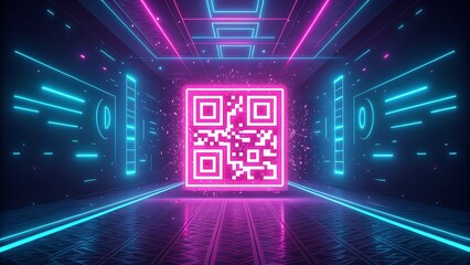 Neon QR Code in Futuristic Cyberpunk Tunnel with Glowing Lights