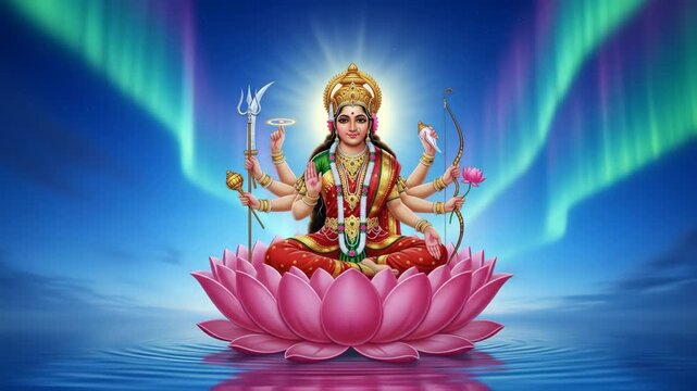 Sacred maa durga goddess illustration on a radiant lotus flower with an enlightening aurora sky perfect for navratri puja celebrations
